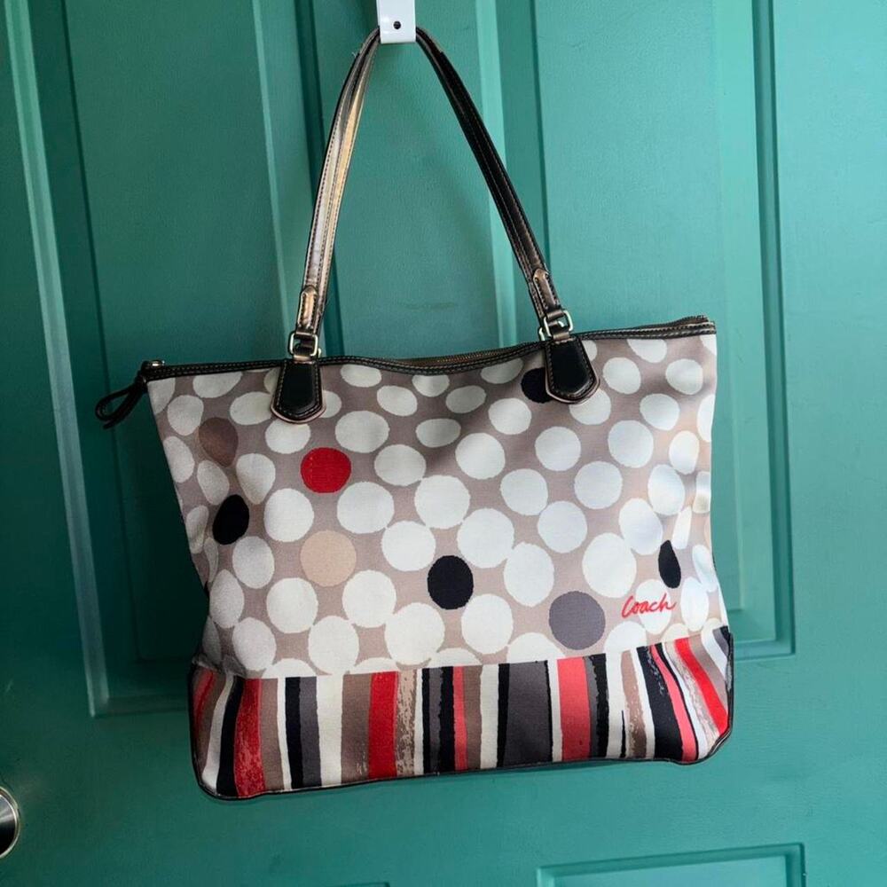 Coach Poppy Polka Dot and Striped Tote Bag in Red, Black, Cream